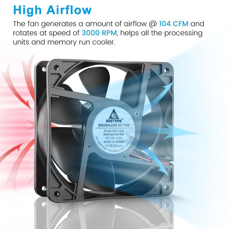 GDSTIME 12V 1238 Cooling Fan, 120mm x 38mm 3000RPM Dual Ball Bearings DC Brushless Fan - Image 4
